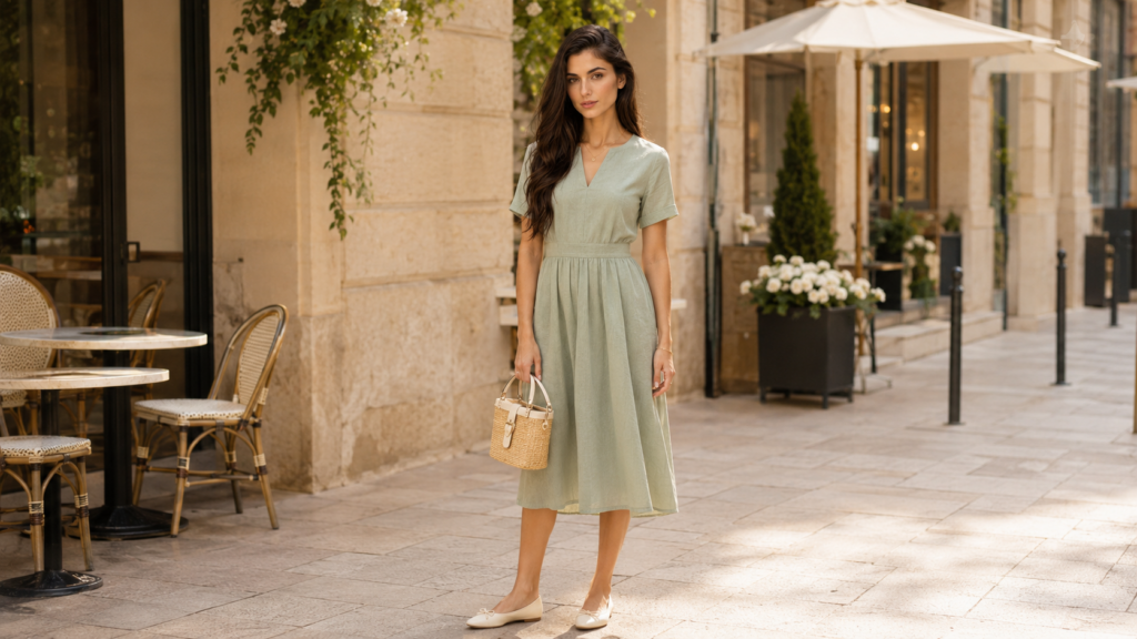 Daria trägt ein salbeifarbenes Sommerkleid mit hellen Ballerinas und kleiner Korbtasche vor einem eleganten Straßencafé.